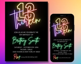 13th Birthday Invitation for girl, Rainbow, Editable Template, 13 Bday Invites, Neon Light, Digital File, Instant Download