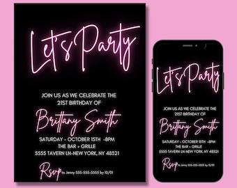Neon Light Birthday Invitation, Editable Template, Adult bday Invite, Teen, Hot Pink, girl, ANY AGE, Let's Party, Instant Download