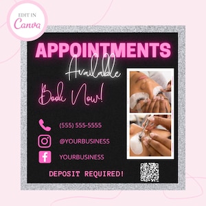 Appointments Available Flyer, Appointments Available, Appointments Flyer, Lash Tech Flyer,  Canva Template, DIY Flyer, Book Now Flyer