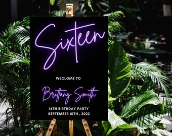 16th Birthday Printable Sign, Sixteen Birthday Decorations, 16th Birthday Decorations, Neon Birthday Party 16th Birthday Printable Sign