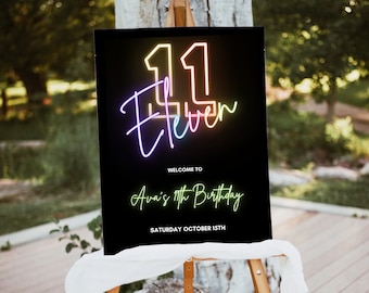 11th Birthday Sign, Neon Light Welcome Sign, Let's Party, Rainbow, Birthday Signage, Teen Bday, Digital Download Poster, Editable Template