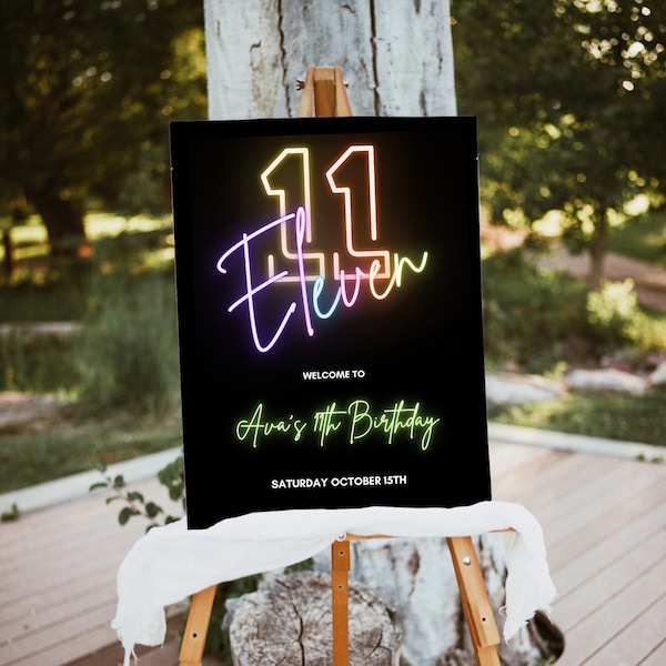 11th Birthday Sign, Neon Light Welcome Sign, Let's Party, Rainbow, Birthday Signage, Teen Bday, Digital Download Poster, Editable Template