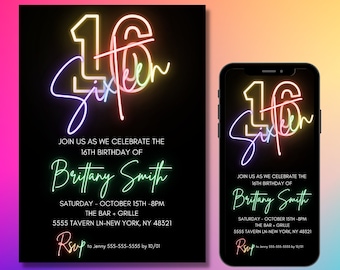 16th Birthday Invitation for girl, Digital Template, 16 Bday, Neon Lights, Rainbow, Invites for teen, Instant Download Editable File