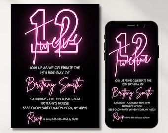 12th Birthday Invitation, Pink Neon Birthday Invitation, Twelve Birthday, Birthday Invite Girl, Neon Light, Digital Invitation, Editable