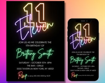 11th Birthday Invitation for girl, Rainbow, Editable Template, 11 Bday Invites, Neon Light, Digital File, Instant Download