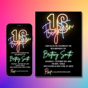 18th Birthday Invitation Digital, Editable Template, 18 Bday, Neon Lights, Rainbow, Invites for teen, Instant Download