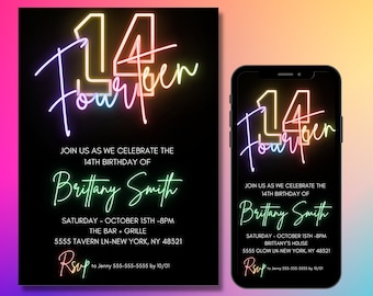 Convite de aniversário de 14 anos para menina, arco-íris, modelo editável, convites de 14 anos, luz neon, arquivo digital, download instantâneo