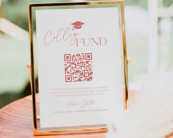 Modern Pink College Fund QR Code Sign Template, Pink Graduation College Fund Sign, Editable Minimalist Graduation Party Venmo QR Code Sign
