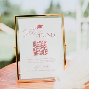 Modern Pink College Fund QR Code Sign Template, Pink Graduation College Fund Sign, Bewerkbare minimalistische afstudeerpartij Venmo QR Code Sign