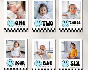 Blue Smiley Face 1st Birthday Photo Banner Template ,One Happy Dude Month by Month Picture Banner Birthday Decor