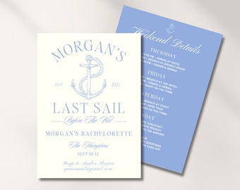 Coastal Bachelorette Party Invitation Template, Last Sail before the Veil Bachelorette Party Itinerary, Editable Beach Bachelorette Invite