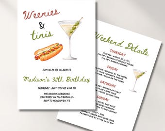 Martinis And Weenies Bachelorette Invitation Tinis & Weenies Itinerary Canva Invite Dirty Martini And Hot Dog Theme Birthday Invite Template