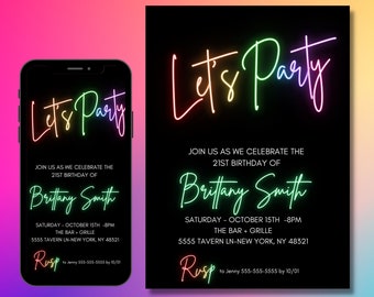 Neon Light Birthday Invitation, Editable Template, Adult bday Invite, Glow Party,Teen, Rainbow, girl, ANY AGE, Let's Party, Instant Download