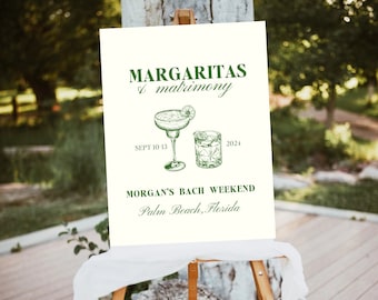 Placa de boas-vindas para despedida de solteira de Margs e matrimônio, programação de margaritas e matrimônio, itinerário de fim de semana de Bach, convite de fim de semana de despedida de solteira