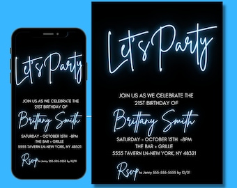 Convite de aniversário com luz neon, modelo editável, convite de aniversário adulto, adolescente, azul, QUALQUER IDADE, vamos festejar, download instantâneo