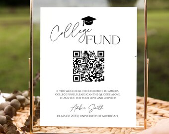 Minimalist College Fund QR Code Sign for 2023 Graduation Party, Modern Venmo QR Code Sign, College High School Grad, Graduation Party Table