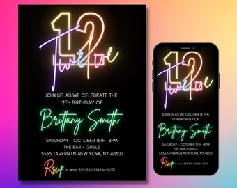 12th Birthday Invitation for girl, Rainbow, Editable Template, 12 Bday Invites, Neon Light, Digital File, Instant Download