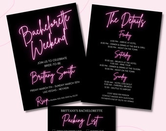 Neon Bachelorette Party Invitation,Bachelorette Party Invitation with Itinerary, Neon Lights,Instant Download, Bach Bash Weekend, Vegas