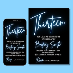 13th Birthday Invitation for girl, Blue, Editable Template, 13 Bday Invites, Neon Light, Digital File, Instant Download