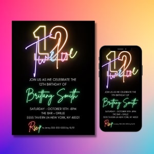 Invitación de cumpleaños número 12 para niña, Arco iris, Plantilla editable, Invitaciones de 12 días, Luz de neón, Archivo digital, Descarga instantánea