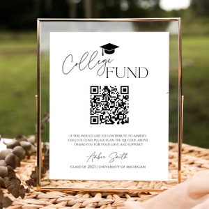 Minimalistisches College Fund QR Code Zeichen für 2023 Abschlussfeier, modernes Venmo QR Code Zeichen, College High School Grad, Abschlussfeier Tisch