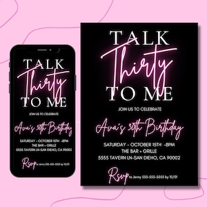 30th Birthday Invitation, Talk Thirty To Me , 30th Birthday Electronic Invitation, Neon, Editable Invitation, Thirty Birthday Invite