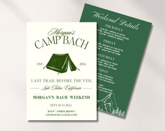 Camp Bachelorette Invite Template, Editable Canva Template,Bride's Last Trail Invite ,Wild In The Woods Bach, Lake Bachelorette Itinerary