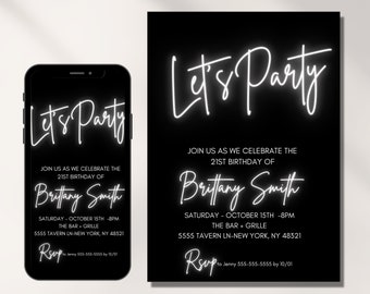 Neon Light Birthday Invitation, Editable Template, Adult bday Invite, Teen, Neon White, girl, ANY AGE, Let's Party, Instant Download