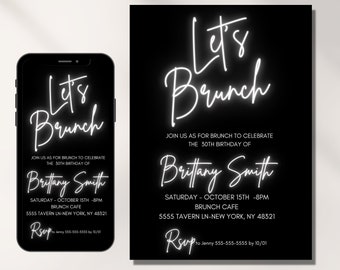Convite para brunch de aniversário com luz neon, convite digital para brunch de aniversário, vamos brunch, modelo editável, branco neon, QUALQUER IDADE, eletrônico
