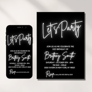 Neon Light Birthday Invitation, Editable Template, Adult bday Invite, Teen, Neon White, girl, ANY AGE, Let&#39;s Party, Instant Download