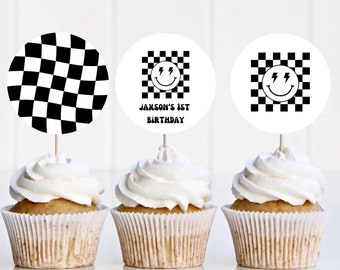 Smiley Face Cupcake Toppers Template , Printable Birthday Cupcake Decor, Smiley Face, Checkered, Digital Template, Kids Bday Party, Editable