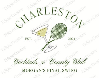 Cocktails och Country Clubs logotyp Tennis Möhippa Merchandise Design Sista svingen före ringen Country Club Bach-logotyp Redigerbar Canvas-mall