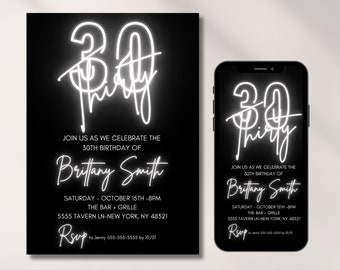 30th Birthday Invitation for Women, 30th Birthday Electronic Invitation, Neon, Editable Invitation, Iphone invite, Thirty Birthday Invite