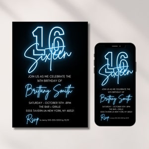 16th Birthday Invitation for boy or girl, Digital Template, 16 Bday, Neon Lights, Purple, Invites for teen, Instant Download Editable File