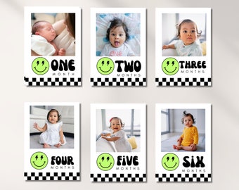 Smiley Face 1st Birthday Photo Banner Template ,One Happy Dude Month by Month Picture Banner Birthday Decor