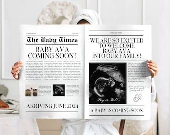 May include: A black and white newspaper announcement with the headline "The Baby Times" and the text "Baby Ava Coming Soon!"  The announcement also includes a sonogram image and the text "We are so excited to welcome Baby Ava into our family!"  The announcement is dated June 2014 and states that the baby is arriving in June 2024.