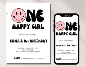 Könnte beinhalten: Eine weiße Einladung mit dem Text "ONE HAPPY GIRL" und einem rosa Smiley-Gesicht. Die Einladung enthält Details für Emmas 1. Geburtstag, einschließlich Datum, Uhrzeit und Ort. Ein Smartphone zeigt die gleiche Einladung.