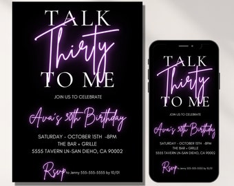 30th Birthday Invitation, Talk Thirty To Me , 30th Birthday Electronic Invitation, Neon, Editable Invitation, Thirty Birthday Invite