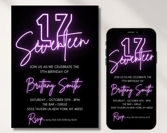17th Birthday Invitation for girl, Digital Template, 17 Bday,Seventeen,Neon Lights, Pink, Invites for teen, Instant Download Editable File