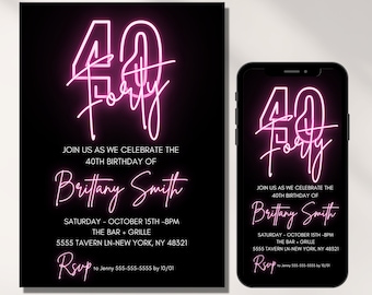 40th Birthday Invitation for Women, 40th Birthday Invitation Printable, Neon, Electronic Invite, Text Invite, Forty and Fabulous