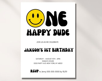 One Happy Dude Invitation boy, 1º aniversário, rosto sorridente, modelo editável, convite de aniversário, download instantâneo, festa infantil, digital