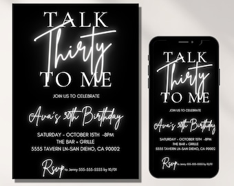 30th Birthday Invitation, Talk Thirty To Me , 30th Birthday Electronic Invitation, Neon, Editable Invitation, Thirty Birthday Invite