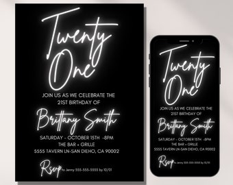 21st Birthday Invitation Electronic, Editable Template, for girl , 21, SMS Invite, Neon , Digital, 21 for her