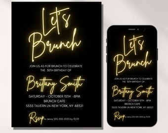 Inbjudan till födelsedagsbrunch i neonljus, digital födelsedagsbrunchinbjudan, låt oss bruncha, redigerbar mall, neonguld, alla åldrar, elektronisk