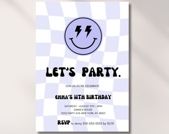 Birthday Invitation for Girl, Smile Face, Editable Template, Modern Happy Invite, 8th, 10th, 11, 13th, 15th, Teen Bday Party , Purple