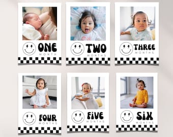 Smiley Face 1st Birthday Photo Banner Template ,One Happy Dude Month by Month Picture Banner Birthday Decor