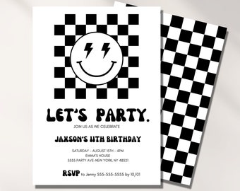 Birthday Invitation Boy, Smiley Face, Checkered Invite, Digital Template, 5th, 7th, 10, 13th, Kids Bday Party, Cool, Editable