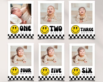 Smiley Face 1st Birthday Photo Banner Template ,One Happy Dude Month by Month Picture Banner Birthday Decor