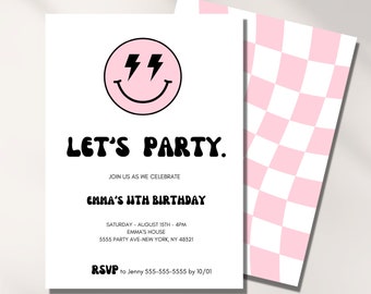 Birthday Invitation for Girl, Smiley Face, Editable Template, Modern Happy Invite, 8th, 10th, 11, 13th, 15th, Teen Bday Party , Pink