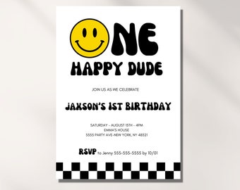 One Happy Dude Invite, Smiley Face, Checkered Invite, Digital Template, 5th, 7th, 10, 13th, Kids Bday Party, Cool, Editable